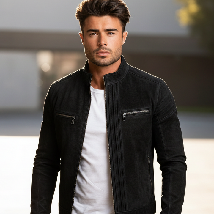 Man wearing a black jacket over a white shirt with a blurred background