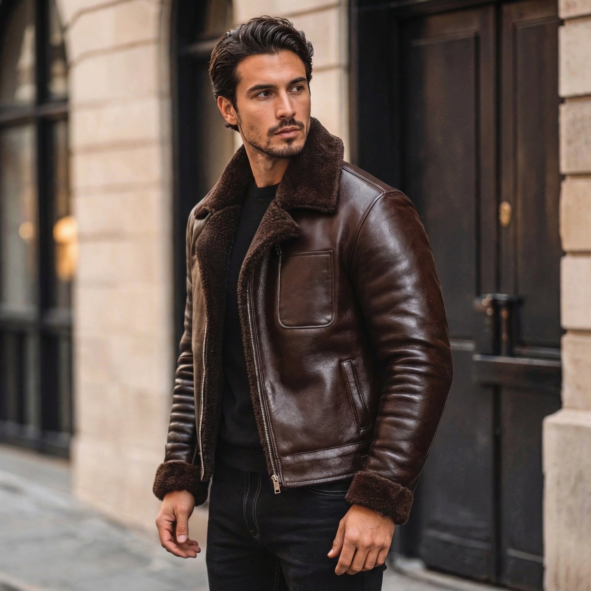 Men's Leather Jacket - Pure Leather in black with fur - Overcoat