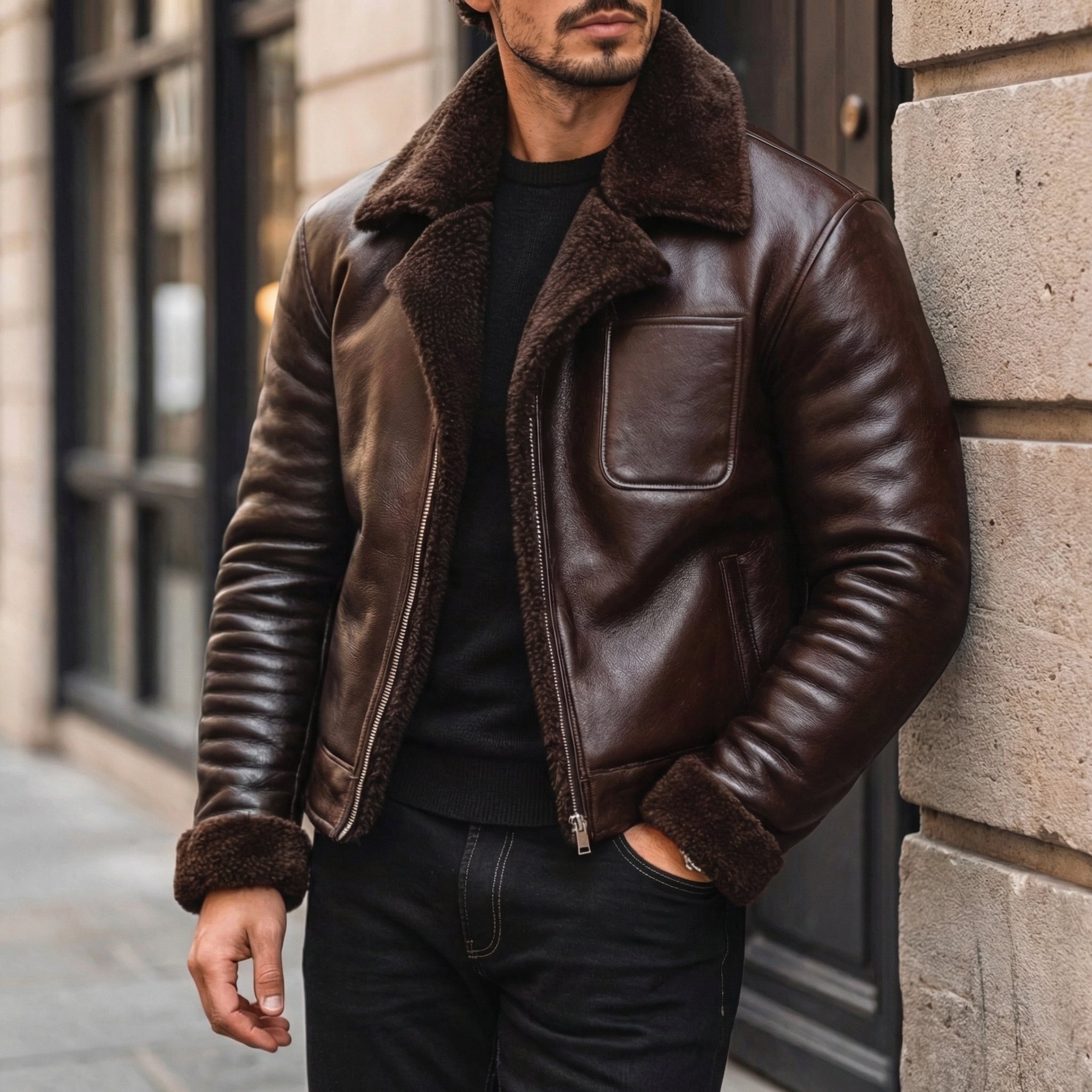 Men's Leather Jacket - Pure Leather in black with fur - Overcoat