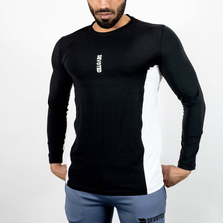 Devoted Dri-Stretch Pro Full Sleeves T-shirt - Black & White Split Design - Gym wear & Sports clothing - Front