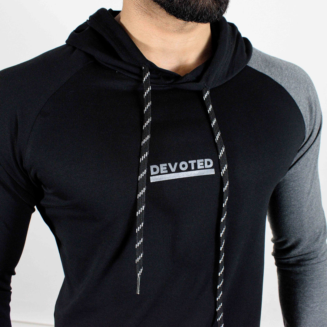 Devoted Hoodie Tshirt - Finest quality cloth ever! - Gym wear & sports wear - Jet Black - Close up