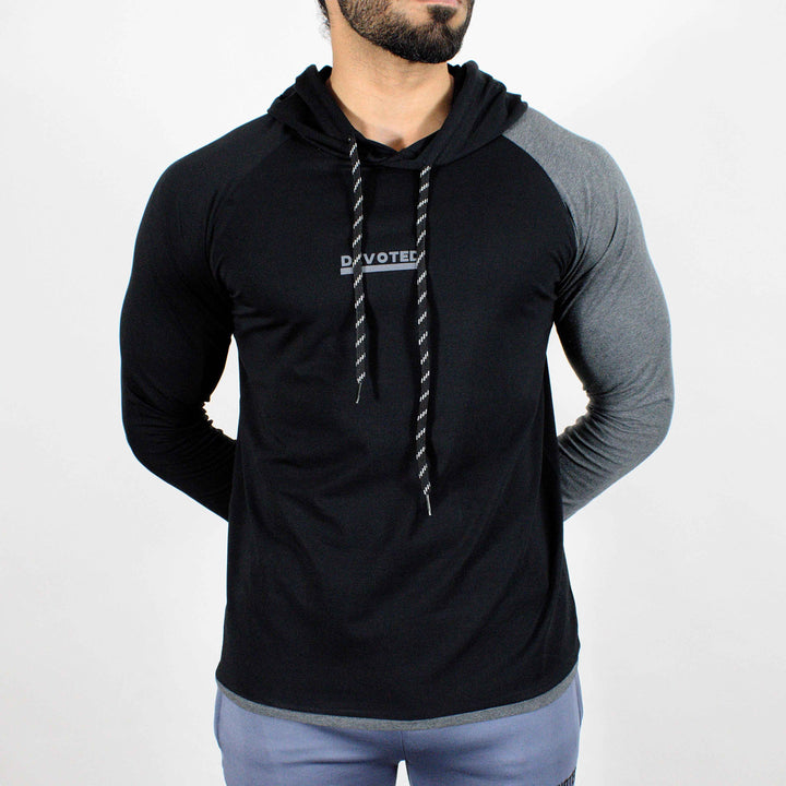 Devoted Hoodie Tshirt - Finest quality cloth ever! - Gym wear & sports wear - Jet Black - Front
