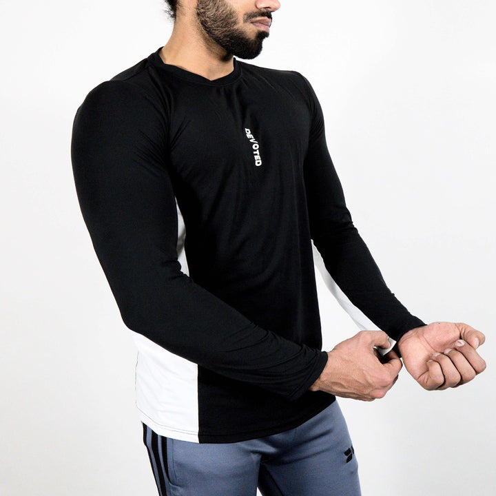 Devoted Dri-Stretch Pro Full Sleeves T-shirt - Black & White Split Design - Gym wear & Sports clothing - Side