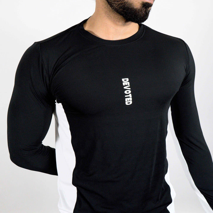 Devoted Dri-Stretch Pro Full Sleeves T-shirt - Black & White Split Design - Gym wear & Sports clothing - Closeup