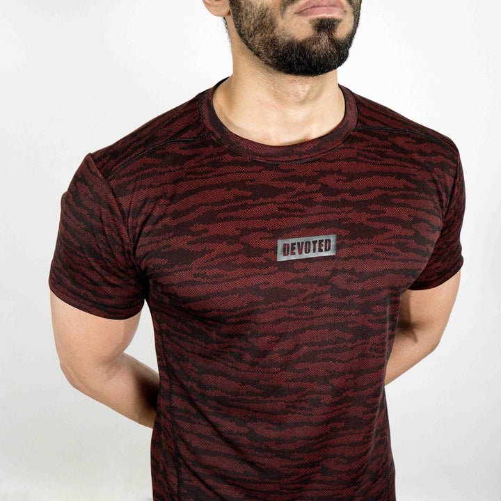Dri-Stretch Pro Half Sleeves T-shirt - Black Red Camo - Devoted Gym Wear & Sports Clothing - Closeup